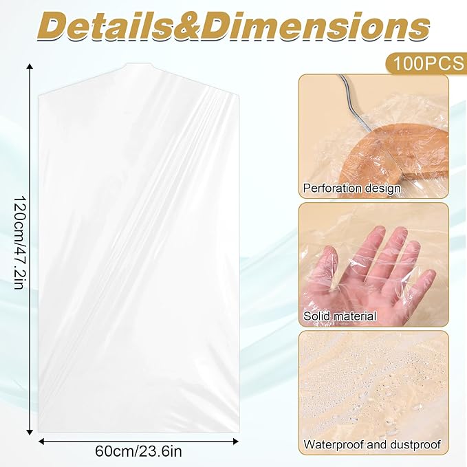100 Pack Clear Plastic Garment Bags for Hanging Clothes, Dry Cleaning Bags 60 * 120cm Dust Proof Clear Cloth Covers Dry Cleaner Bag Dust Proof for Hanging Clothes at Home/Dry Cleaners