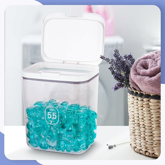 Large Capacity Laundry Powder Container With Pop-Up Lid, 5.5L Detergent Holder for Laundry Pods and Airtight Dishwasher Pod, Storage Container for Dry Food, Rice Flour with Scoop and Measuring Cup