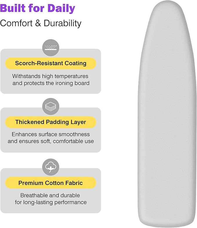 Ironing Board Cover and Pad 15x54 Standard Size,Extra Thick Cotton Iron Board Cover with Padding, Silicone Coated Scorch Resistant, Elastic Edge with Hook & Loop Strap, Heatproof Silver