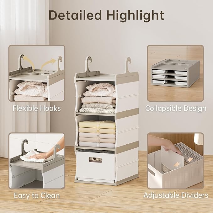 HAIXIN 3-Shelf Hanging Closet Organizer with 3 Removable Drawer & 6 Dividers, Plastic Hanging Shelves Foldable Closet Organizer and Storage Drawer for Bedroom, Wardrobe, Garment Racks, RVs