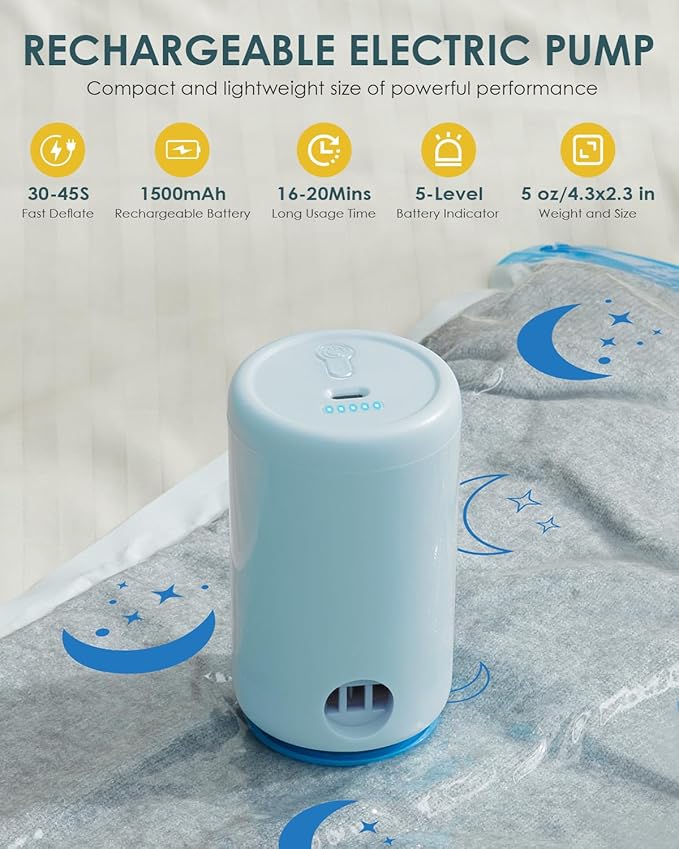 Vacuum Storage Bags with Electric Pump, 20 Pack Vacuum Sealed Bag with 1500mAh Rechargeable Battery for Clothes, Blanket, Duvets, Pillows, Comforters, Travel