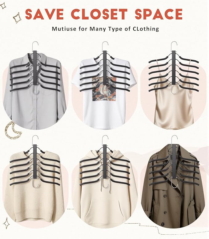 Clothes Hangers Space Saving 6 Tier Coat Hangers, Swing Arm Non Slip Padded Multi Sweater & T Shirt Hangers, 2 Packs Heavy Duty Stainless Steel Sweater Closet Organizers and Storage