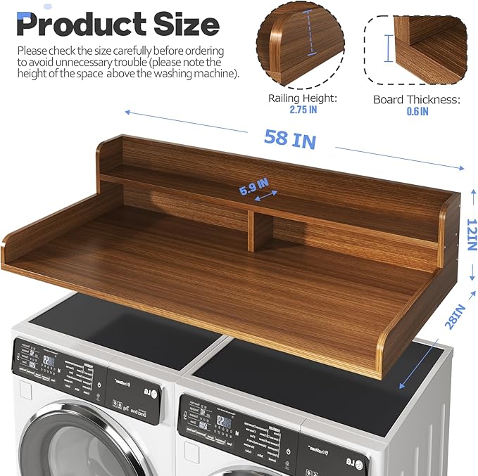 2-Tier Washer and Dryer Countertop with 2.75" H Guard,58" W x 28" D Laundry Countertop Cover with Non-Slip Pad,Large Space Laundry Topper for Folding Clothes Over Washer and Dryer-Brown