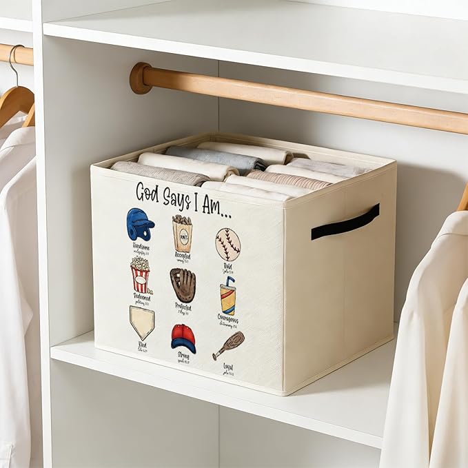Christian Baseball Storage Bin Box with Handles, God Says I Am Bible Verse Baseball Foldable Baskets Organizer for Kids Room Nursery Bathroom Clothes Toys Books, Toybox for Boys