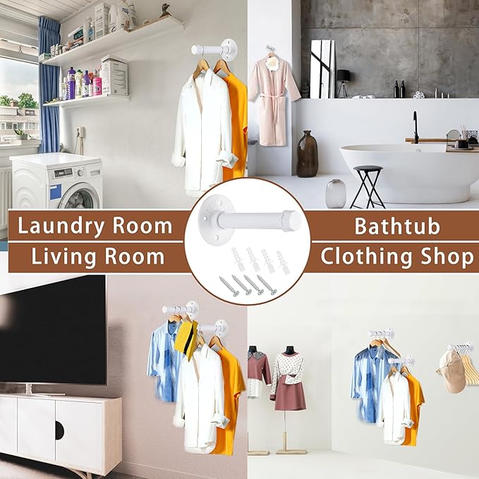 Sumnacon 2 Pcs 5.9 Inch Industrial Pipe Clothes Bar - Heavy Duty Rustic Metal Coat Hanger with Screws, Wall-Mounted Garment Holder Rack for Bedroom/Bathroom/Cabinet/Boutique/Clothing Store, White