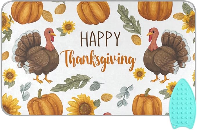 Ironing Mat Pad for Table Portable Travel Iron Blanket Ironing Board Covers Pressing Mat Heat Press Pads 27.6x47.2 Inches Thanksgiving Turkeys Sunflowers White37