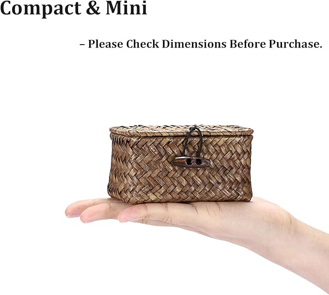 Seagrass Basket Bin with Lid Mini Size Handwoven Wicker Storage Container Storage Basket Decorative Desktop Organizer for Shelf Bathroom Home Decor, 4.3"x2.5"x2.1"