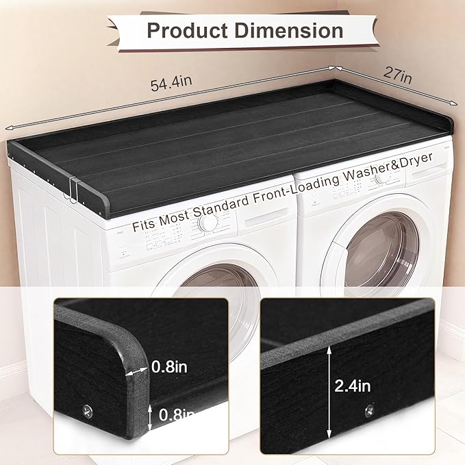 Washer Dryer Countertop, HDPE Laundry Countertop with Edge Rails, No-Installation-Black