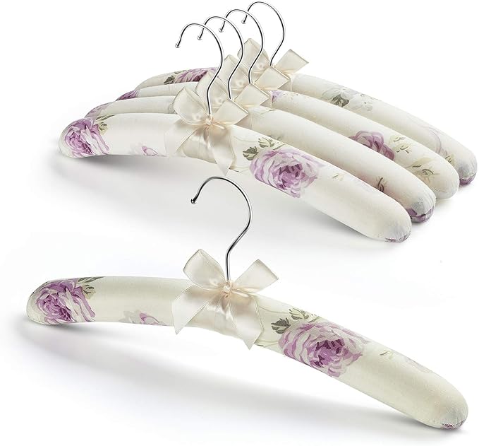 GLCON Satin Padded Hangers for Women Clothing - Floral Sweater Hangers No Bump - Padded Coat Hanger for Wedding - Thick Foam Silk Clothes Hanger for Adult (Pack of 5)