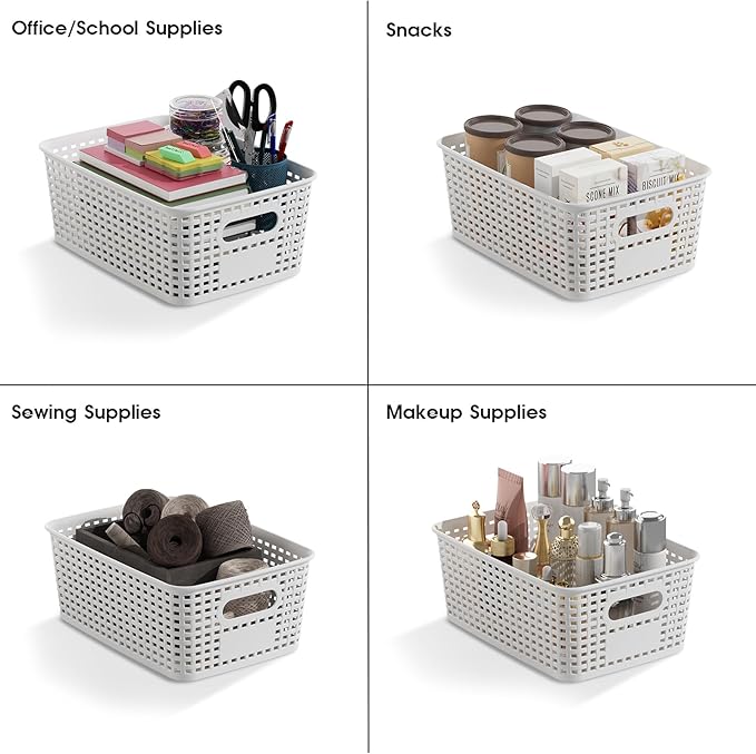 Plastic Storage Basket with Lids 12 Pack Stackable Storage Bins Containers with Lid, Decorative Storage Boxes for Organizing Shelves, Drawers, Playroom, Classroom, Office, Closet, White