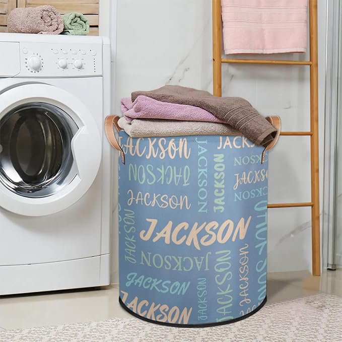 Custom Name Large Laundry-Basket for Kids-Boys-Girls, Personalized Foldable Waterproof Laundry Hamper Dirty Clothes Toys Storage Bin with Handles,Light Blue