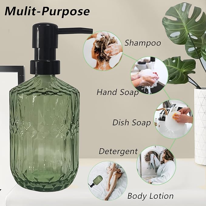 Green Glass Soap Dispenser with Black Plastic Pump, 15oz Refillable Glass Lotion Hand Soap Dispensers for Modern Kitchen Sink, Bathroom Countertop, Hotel