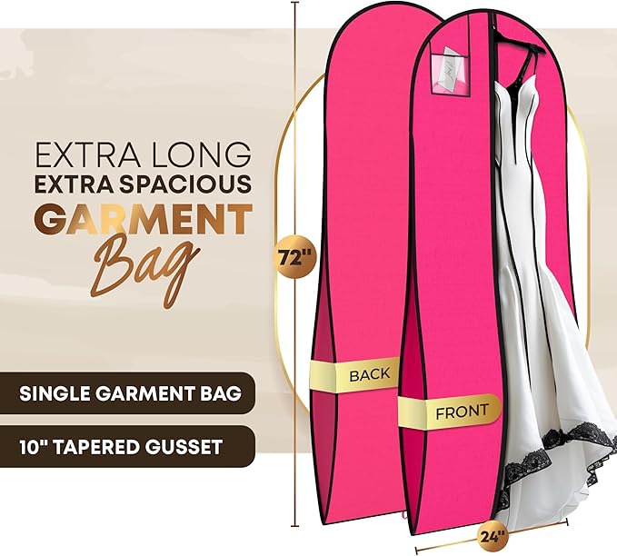 72" Tapered Long Dress Bags for Gowns - Wedding Dress Garment Bag for Dresses - Long Garment Bags for Hanging Clothes & Closet Storage, Dress Bag for Airplane