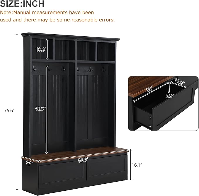 Merax Farmhouse Wood Hall Tree with Bench and Storage Drawers, 4-in-1 Coat Rack with 6 Hooks for Entrance, Hallway Black