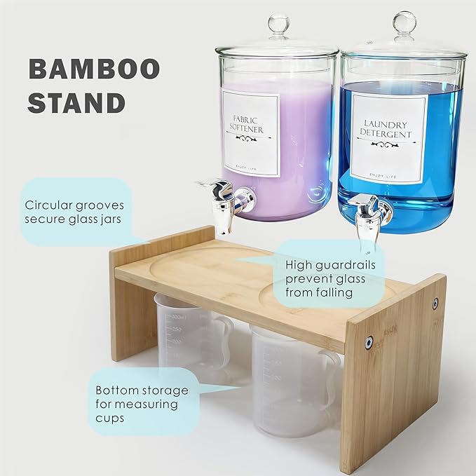Glass Laundry Detergent Dispenser 2 Pack Soap Cloth Softener Dispenser with Bamboo Stand Measuring Cup Spigots Label Laundry Room Bathroom Countertop Glass Dispenser Set for Fabric Care Large Capacity