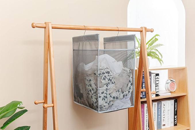 ALYER Hanging Collapsible Closet Mesh Laundry Hamper,Heavy Duty Laundry Basket and Durable Dorm Bathroom Storage Bag with Two Hangers,Gray