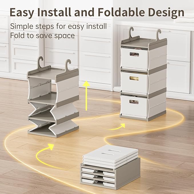 HAIXIN 3-Shelf Hanging Closet Organizer with 3 Removable Drawer & 6 Dividers, Plastic Hanging Shelves Foldable Closet Organizer and Storage Drawer for Bedroom, Wardrobe, Garment Racks, RVs