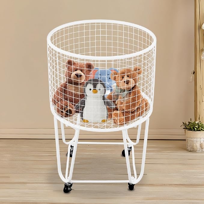 Rolling Laundry Basket Cart, Metal Laundry Hamper with Wheels, Laundry Organizer Basket Cart, Clothes Storage Organizer Hamper for Living Room,Bathroom,Closet (White, Round)