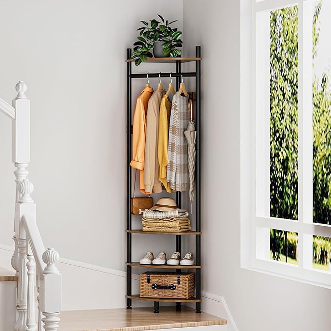 GiftGo Corner Hall Tree with Shoe Rack Entryway Coat Rack with 6 Metal Movable Hooks Floor Standing Clothes Rack Organizer for Home Office Bedroom (Rustic Brown)