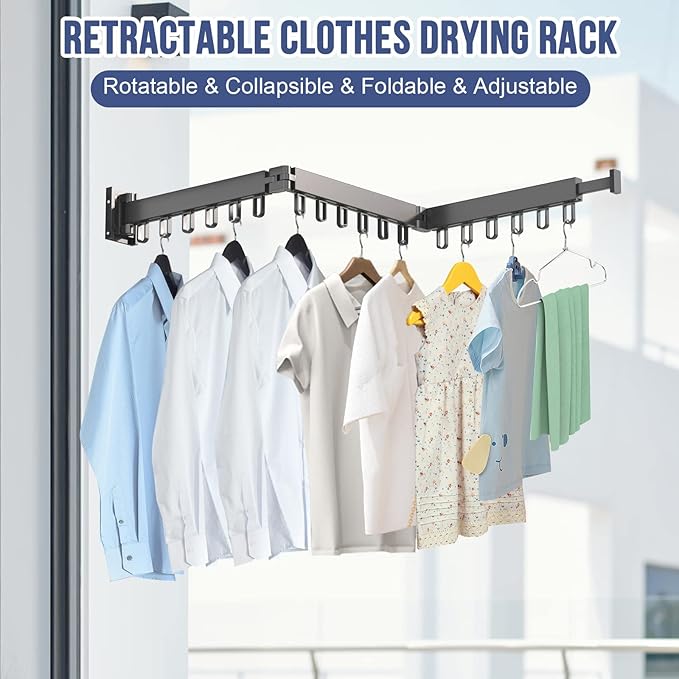 MIFXIN Retractable Clothes Drying Rack Tri-Fold Laundry Wall Mounted Clothing Drying Rack Hanger Collapsible Space Saver Foldable Clothes Hanger Rack for Laundry Balcony (Black)