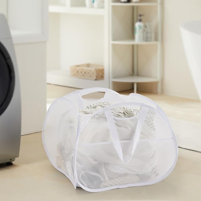 TECHMILLY Collapsible Mesh Pop Up Laundry Hamper with Strong Handles, Large Opening Clothes Hamper with Side Pockets, Storage Baskets for Dorm, Laundry Room, Bathroom or Travel (White, 90L)