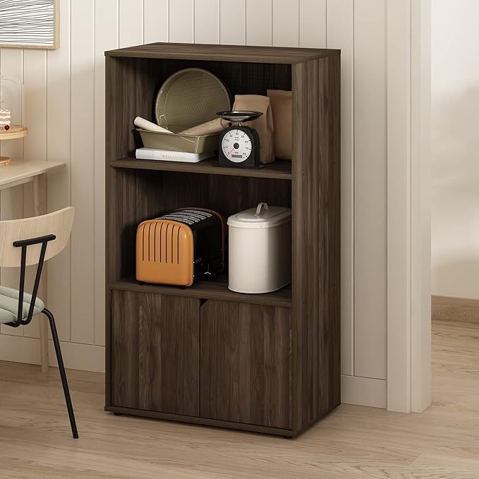 Furinno Jaya Pantry Organizers, 3-Tier Kitchen Cabinet, Coffee Bar, Kitchen Storage with Open Shelves and Closed Cabinet, for Pantry Organizers and Storage, Brown Walnut