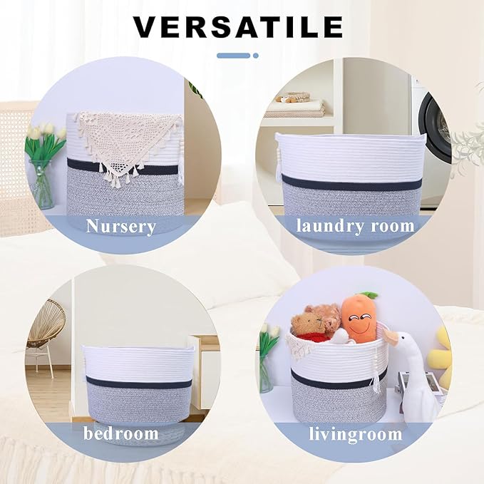 Cotton Rope Storage Bin,Natural Handmade Woven Hamper for Living Room,Blanket Basket for Clothes, Pillows, Towels (black, 100L)