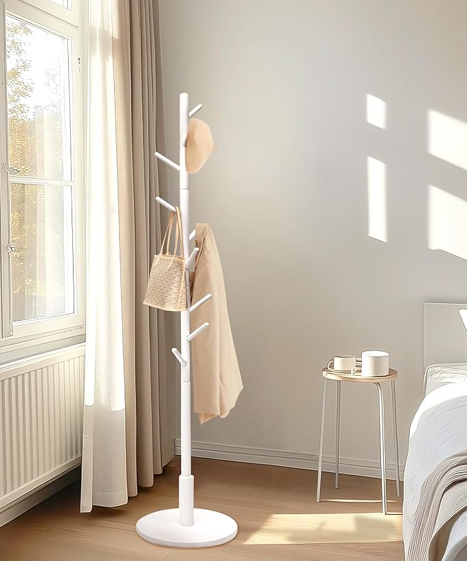 Standing Coat Rack,Wooden Coat Rack Stand with 9 Hooks and 3 Height Adjustable,Beech Wood Tree Coat for Bedroom,Office,Entryway (White)