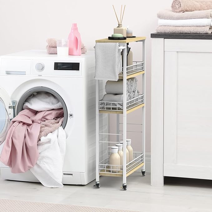 Slim Storage Cart White Narrow Storage Cabinet 4 Tier Laundry Room Organization Mobile Bathroom Shelving Unit Organizer Rolling Utility Cart Slide Out Kitchen Cart Tower Rack for Narrow Places 7.08’’W
