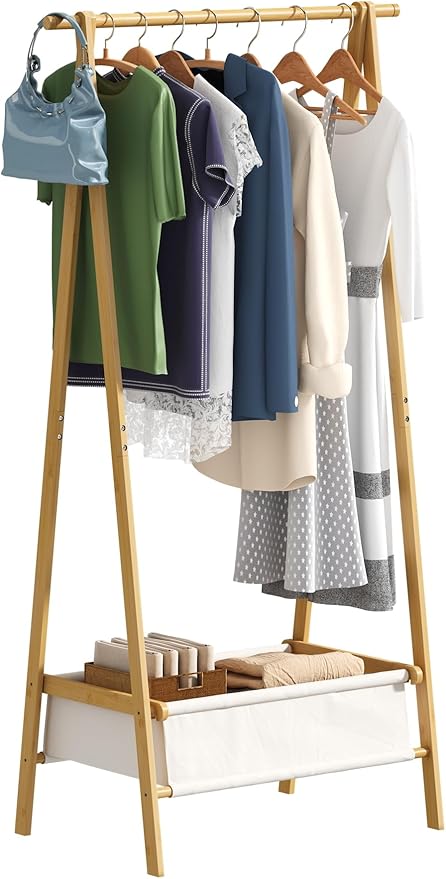 Clothing Rack with Storage Box, Dress Up Rack, Dress Up Storage, Large Foldable Bamboo Garment Stand with Hanging Rods, Dress Up Holder
