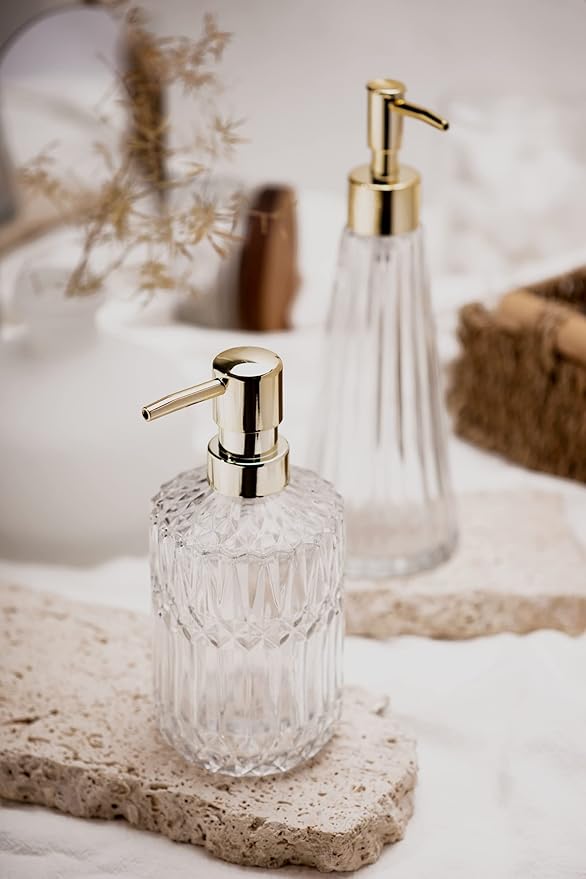 EMPO Clear Glass Soap Dispenser with ABS Plastic Pump, Crystal Lotion Dispensers for Kitchen Sink, Bathroom (Transparent)