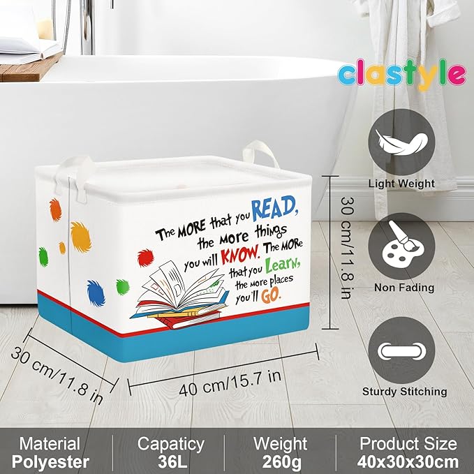 Clastyle Collapsible Back to School Reading Book Storage Basket Dr Quotes Book Organizer for Nursery Room Classroom Library Rectangle Kindergarten Daycare Clothes Toys Storage Bin