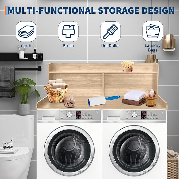 2-Tier Washer Dryer Countertop, 54" W x 27.55" D Laundry Countertop Organization with Non-Slip Pad, Wooden Washer and Dryer Topper for Folding Clothes, Laundry Room Storage