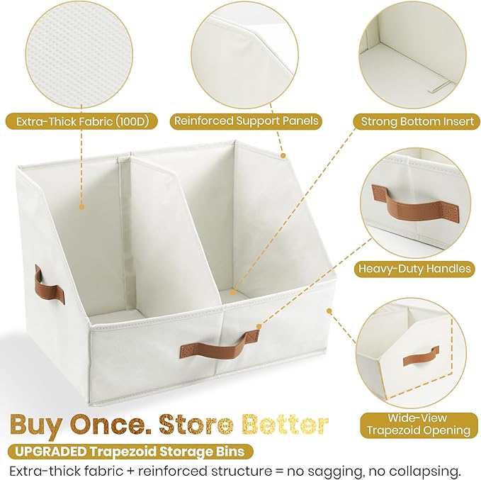 Trapezoid Storage Bin - EXTRA LOAD & HEIGHT FOR DEEP Closet Organizers And Storage W/ Handles & Adjustable Dividers, Collapsible Storage Bins For Clothes Storage & Shelf Organizer (2pcs, L, LightGray)
