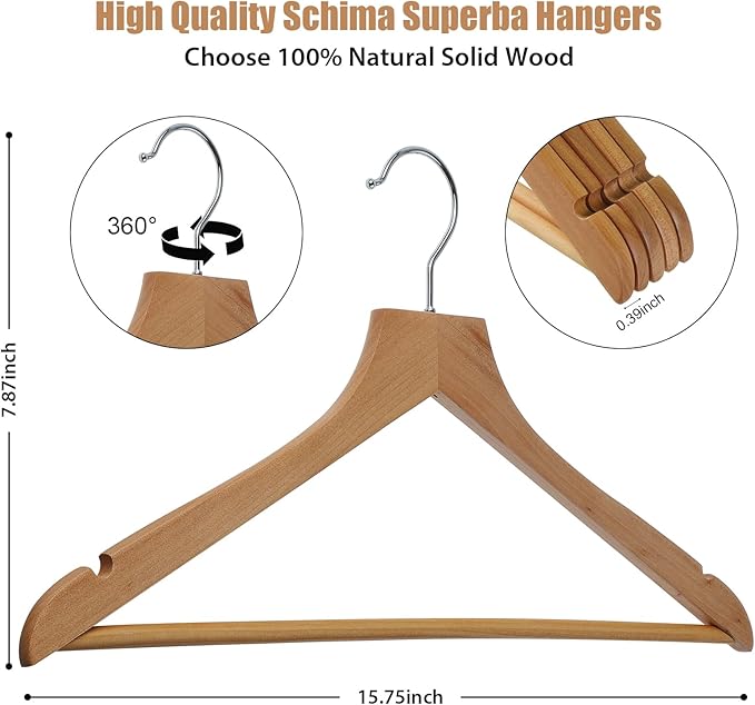 20-Pack Schima superba Hangers, Wooden Hanger, Heavy-Duty Wooden Hanger with Precisely Cut Grooves, Hangers for Shirts, Suits, Dresses