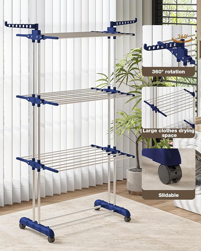 Bigzzia Clothes Drying Rack, 67.7 Inch Laundry Drying Rack with Foldable Base, 4 Tier Stainless Steel Drying Rack Clothing, Movable Laundry Rack for Indoor Outdoor-Blue