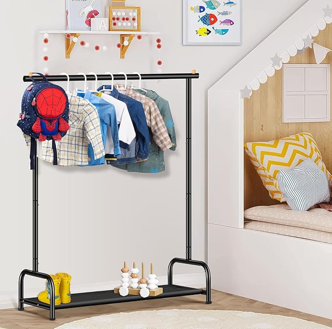 SLEEPING LAMB Kids Clothing Rack, Small Baby Clothes Rack with Bottom Storage Shelf, Toddler Clothes Hanger Rack with Bottom Storage Clothing Racks for hanging Clothes, Black