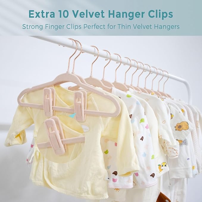 Baby Velvet Hangers 50 Pack - 11 Inch Non Slip Felt Kids Hanger for Infant Clothes - Ultra Thin Baby Felt Hangers for Toddler Kids' Closet with 10 Hanger Clips - Pink