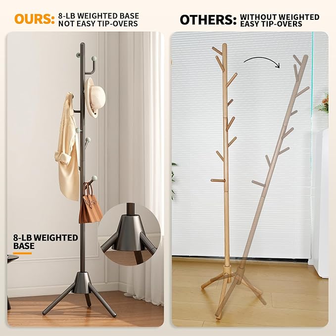 Anti-Tip Coat Rack with 8LB Weighted Base, Heavy Duty Metal Coat Rack Freestanding with 8 Hooks, 3 Adjustable Height Sturdy Clothes Rack Space Saving Organizer Stand for Entryway, Bedroom, Office