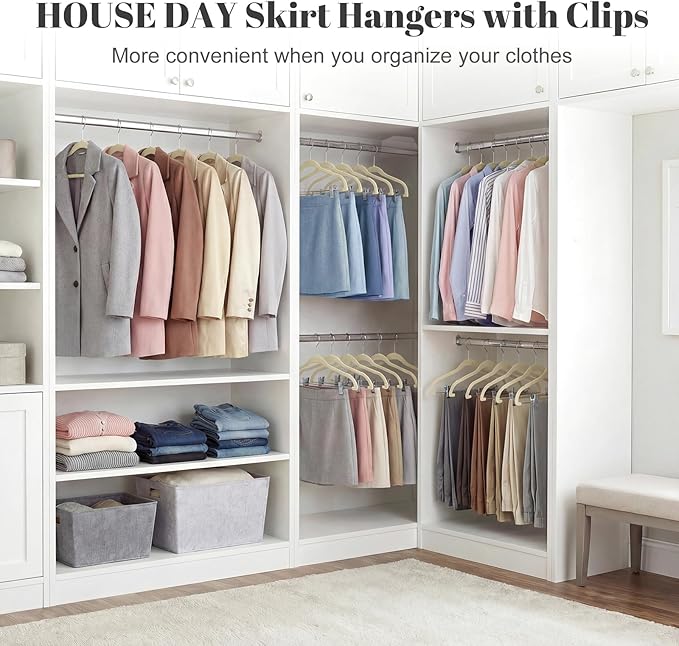 HOUSE DAY Velvet Skirt Hangers 36 Pack, Beige Velvet Pant Hangers with Adjustable Clips, Space Saving Slim Shorts Hanger, Heavy Duty Non Slip Clip Hanger for Pants, Skirts, Shorts