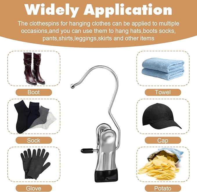 100 Pcs Boot Hangers Clips, Laundry Hook Hanging Stainless Steel Portable Socks Towels Clothes Hanger Clips Heavy Duty Travel Drying Clothes Pins for Travel Closet Jeans Hats