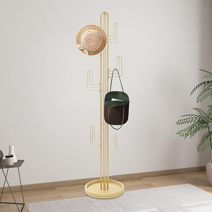 Cactus Coat Rack, Freestanding Coat Rack With 6 Hooks, Modern Metal Coat Racks with Round Base, Gold Cactus Shape Clothing Stand for Bedroom, Office (Gold)