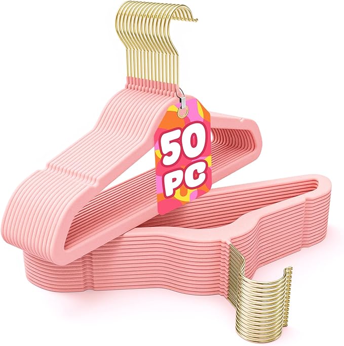 Korpai 50 Pack Kids Velvet Hangers 14 Inch, Non-Slip, Ultra Slim,Space-Saving Kids Hangers with 360° Swivel Hook, 7LBS Capacity, Kids Clothes Hangers Ideal for Childrens' Dresses/Shirts/Coats,Pink