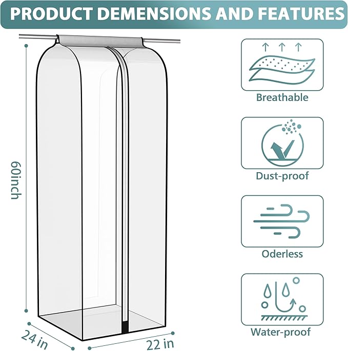 22” Gusseted Garment Bags for Hanging Clothes, All Clear Clothes Cover for Closet Storage, Wardrobe Coat Protector for Suit, Shirt Long Dress, Bottom Enclosed, 2 Pack, 60” Long
