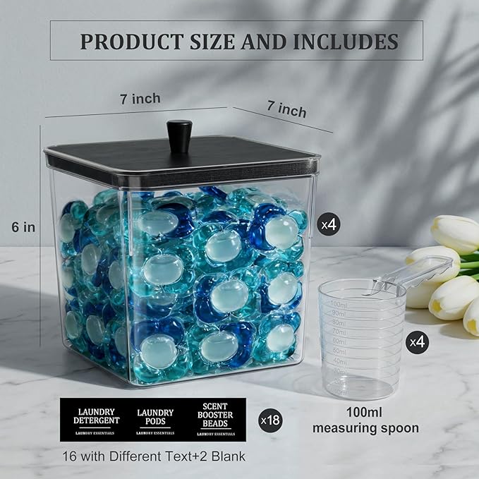 Hudgan 4 Pack Laundry Pods Detergent Containers, Laundry Room Organization and Storage Container with Lids & Labels, Large Acrylic Jars with Scoop
