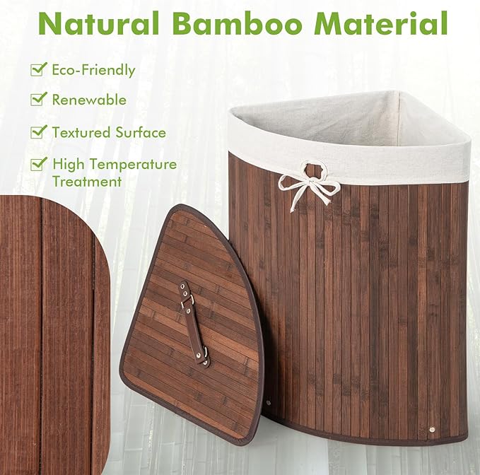 Giantex Corner Laundry Hamper with Lid, 58 L Bamboo Laundry Basket with Removable Liner & Handle, Triangle Clothes Hamper for Small Spaces, Bedroom, Bathroom, Laundry & Living Room (Brown)