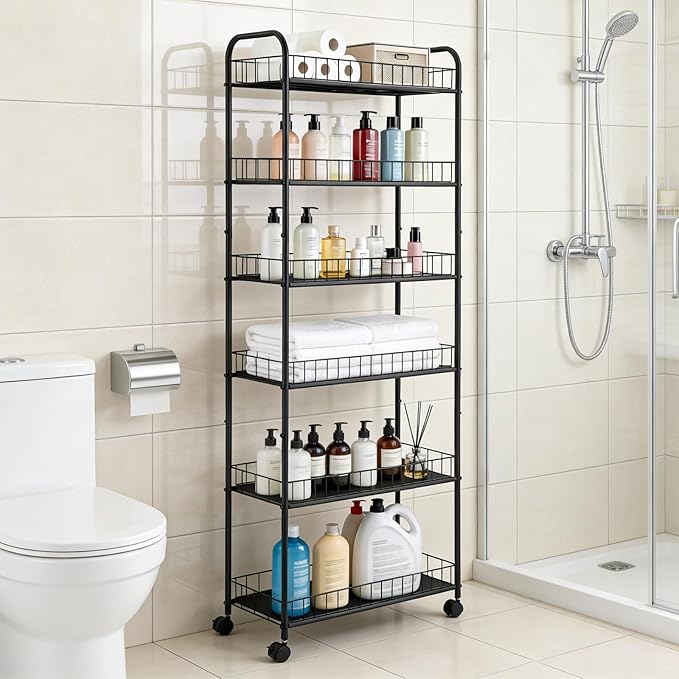 6 Tier Slim Rolling Storage Cart, Mobile Shelving Unit with Wheels, Metal Wire Storage Rack with Baskets for Kitchen Bathroom Office Laundry Narrow Piaces (10in Rolling Cart)