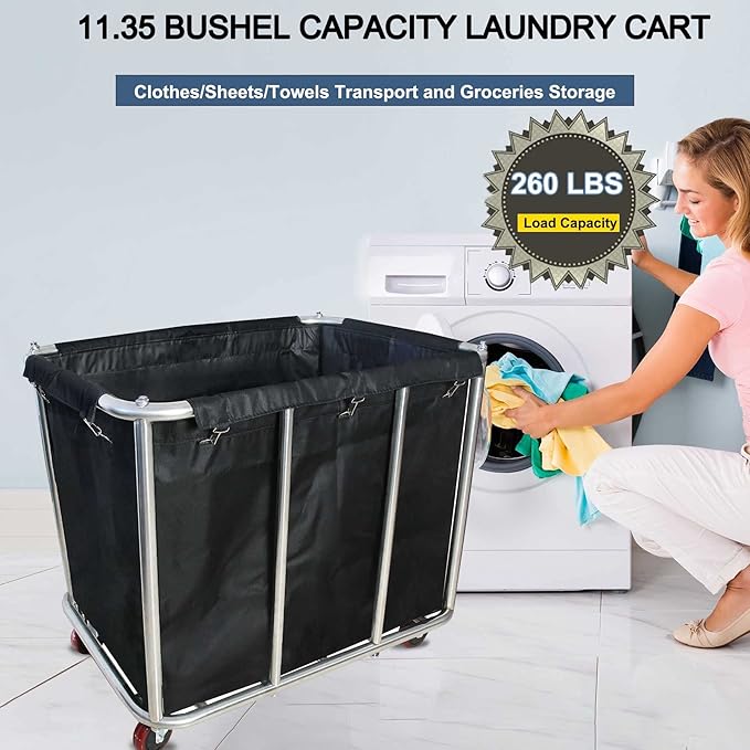 Industrial Commercial Large Rolling Laundry Cart, Heavy Duty Canvas Hamper, 11.5 Bushel, 260LBS Load, Wheeled, Black