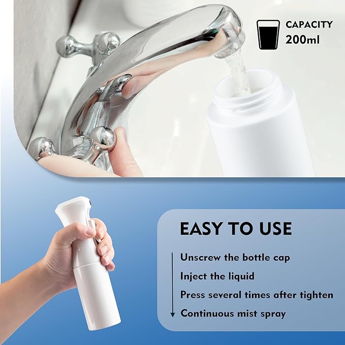 Continuous Spray Bottle for Hair, 1Pack Whole White 6.8oz Mister Spray Bottle, Hair Spray Bottles for Hairstyling, Cleaning, Plants, Pets, Salons & More