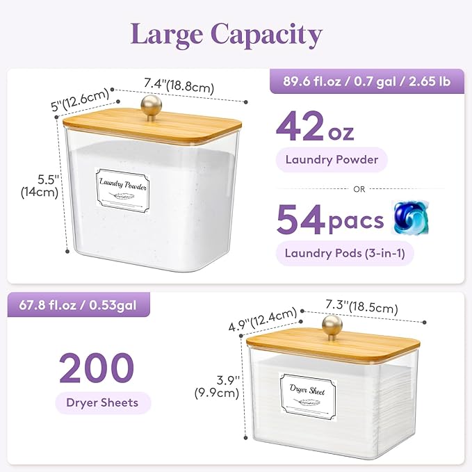 Lifewit Laundry Pods Container with Lid, Dryer Sheet Holder, Room Organization Storage for Coffee Pods Kcup Washing Powder, Scent Booster Beads, 2600 +2000ml/0.53+0.7gal，Natural,2 Pcs